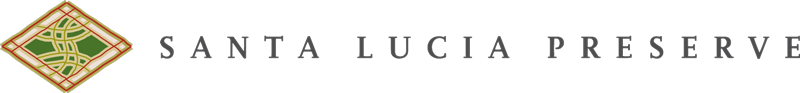 Logo for The Santa Lucia Preserve. It features a wide diamond shape with intricate interwoven elements in an abstract braid, with the words "Santa Lucia Preserve" placed to the right side in a gray serif font.